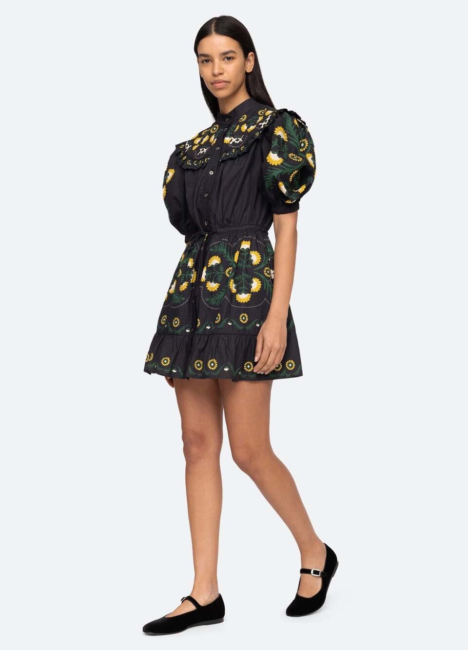 Sea New York Womens Floral Perle Puff Sleeve Mini Dress Medium Pockets Ruffle